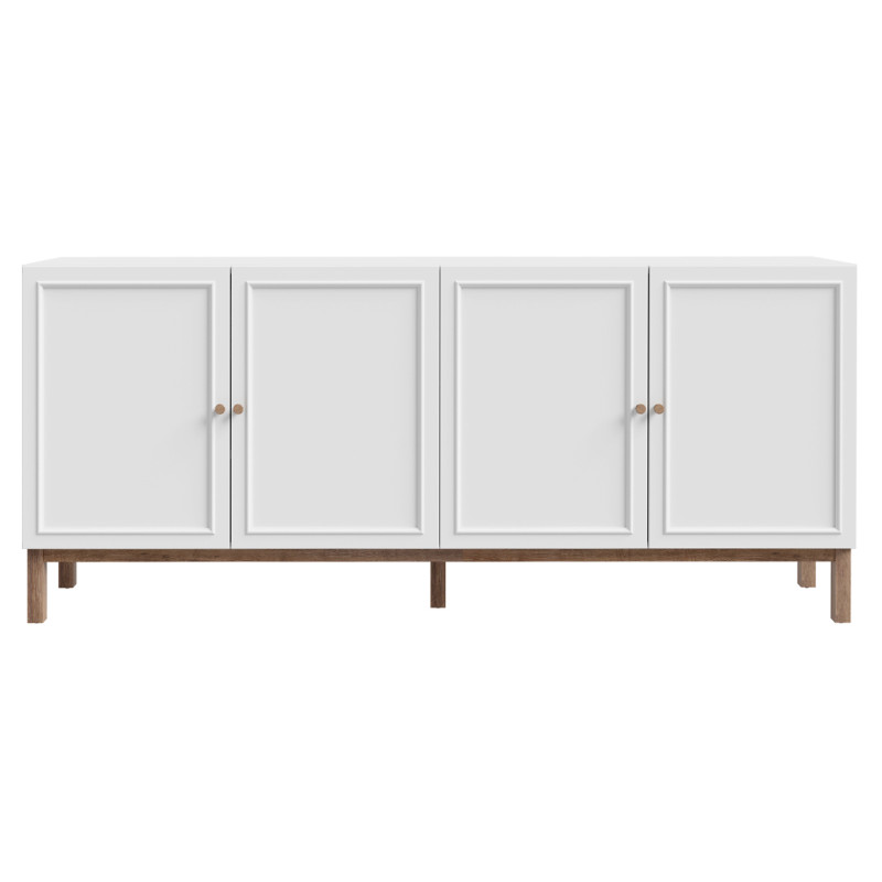 Buffet 199 cm 4 Portes 1 Tiroir Décor Gris Clair et Chêne avec Poignées en Bois Massif - UDINE