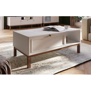 Table Basse 110 cm 1 Tiroir 1 Niche Décor Gris Clair et Chêne avec Poignée en Bois Massif - UDINE
