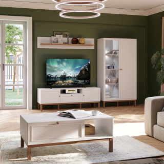 Meuble TV 160 cm  1 Tiroir et 2 Portes Décor Décor Gris Clair et Chêne avec Poignées en Bois Massif - UDINE