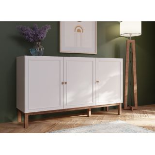Buffet 150 cm 3 Portes 1 Tiroir Décor Gris Clair et Chêne avec Poignées en Bois Massif - UDINE