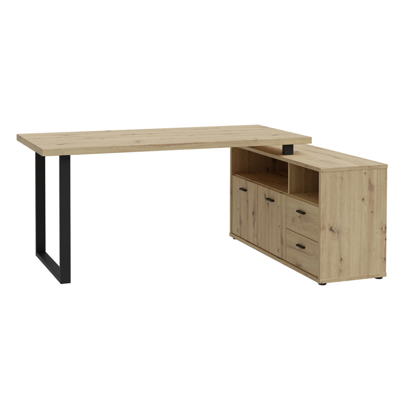 Bureau d'angle 181 cm décor bois chêne rustique 2 placards 2 tiroirs 2 niches pieds métal noir - MANOLO