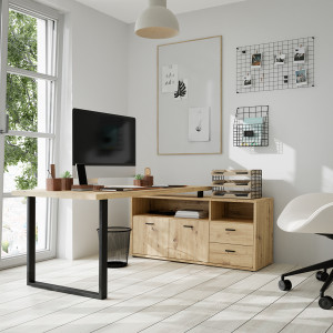 Bureau d'angle 181 cm décor bois chêne rustique 2 placards 2 tiroirs 2 niches pieds métal noir - MANOLO
