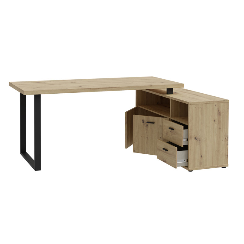 Bureau d'angle 181 cm décor bois chêne rustique 2 placards 2 tiroirs 2 niches pieds métal noir - MANOLO