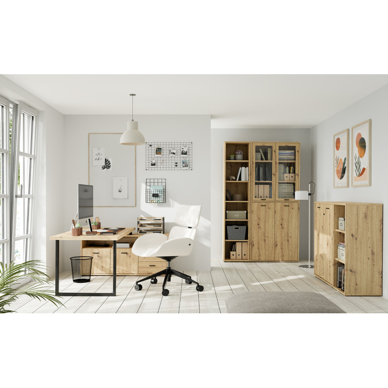 Bureau d'angle 181 cm décor bois chêne rustique 2 placards 2 tiroirs 2 niches pieds métal noir - MANOLO