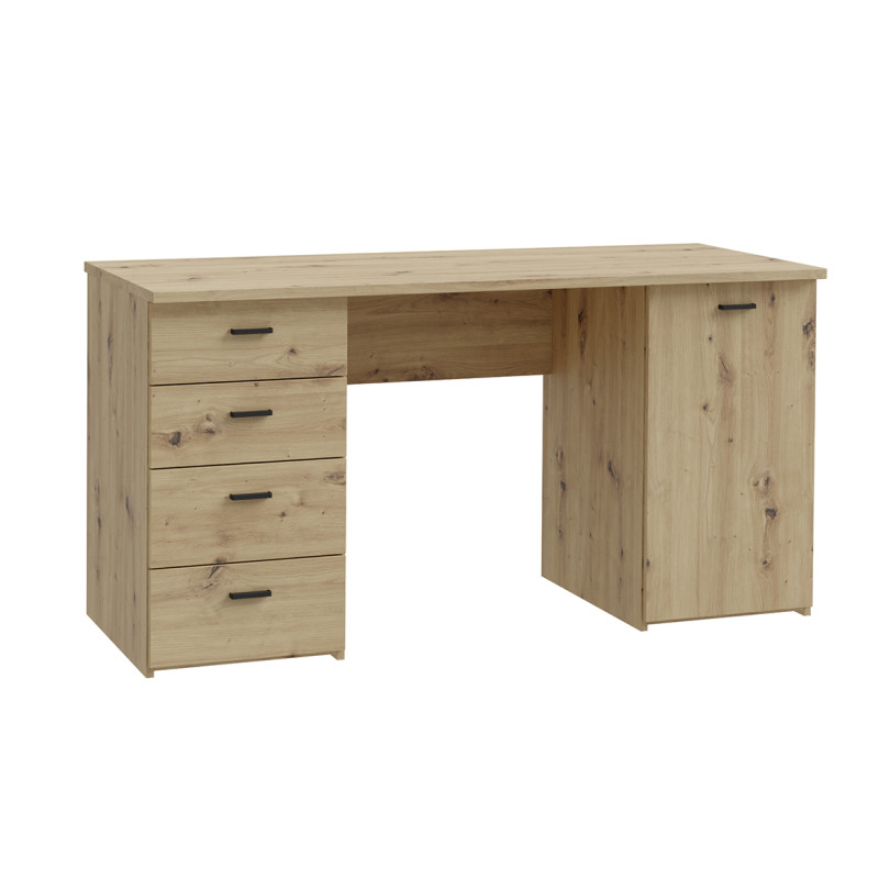 Bureau droit 145 cm décor bois chêne rustique 1 placard 4 tiroirspoignées en métal noir - MANOLO