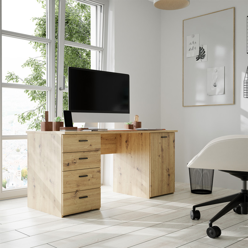 Bureau droit 145 cm décor bois chêne rustique 1 placard 4 tiroirspoignées en métal noir - MANOLO