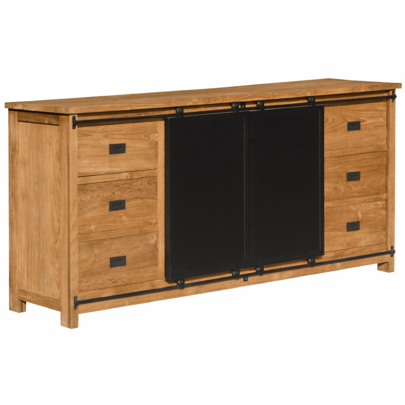 Buffet 200 cm 6 Tiroirs en Bois de Teck Recyclé 2 Portes Coulissantes en Métal Noir - EDWARDS