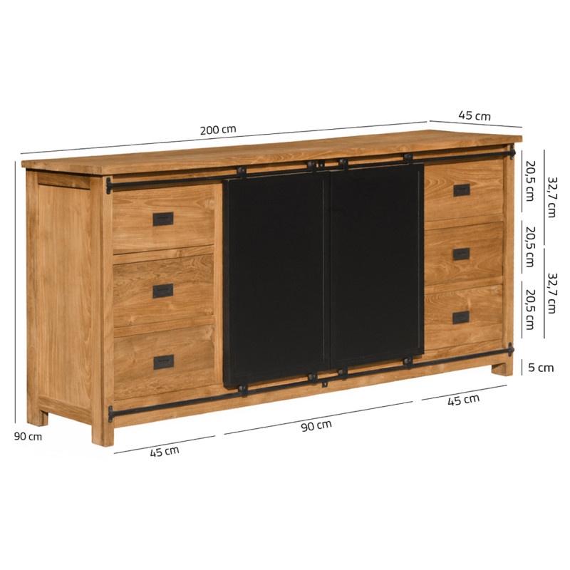Buffet 200 cm 6 Tiroirs en Bois de Teck Recyclé 2 Portes Coulissantes en Métal Noir - EDWARDS