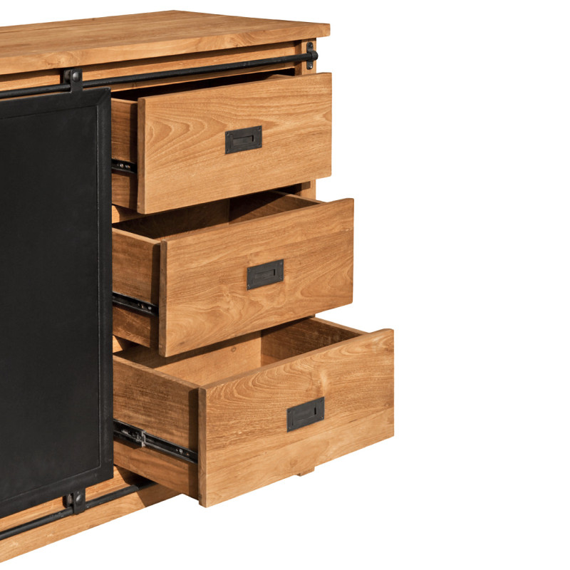 Buffet 200 cm 6 Tiroirs en Bois de Teck Recyclé 2 Portes Coulissantes en Métal Noir - EDWARDS