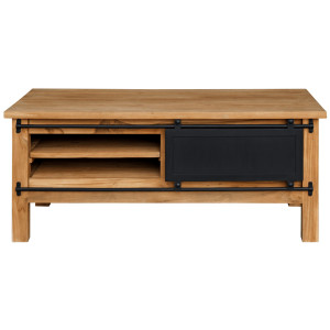 Table Basse 120 cm en Bois de Teck Recyclé 2 Portes Coulissantes en Métal Noir - EDWARDS