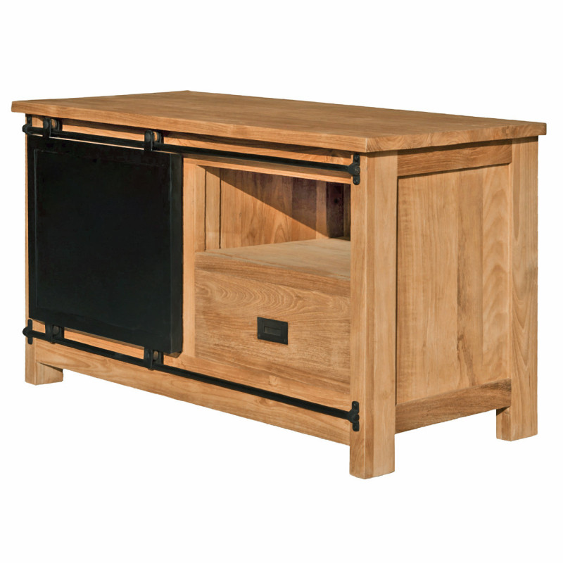 Meuble TV 110 cm 1 Tiroir en Bois de Teck Recyclé 1 Porte Coulissante en Métal Noir - EDWARDS