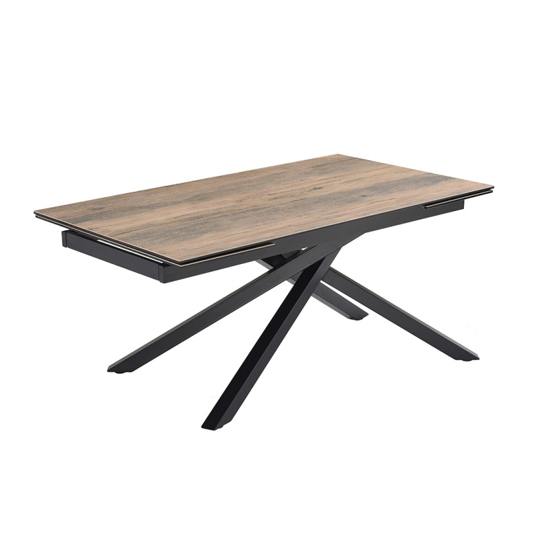 Table extensible 180 à 260 cm en céramique bois et pied torsadé en métal noir - TEXAS 05