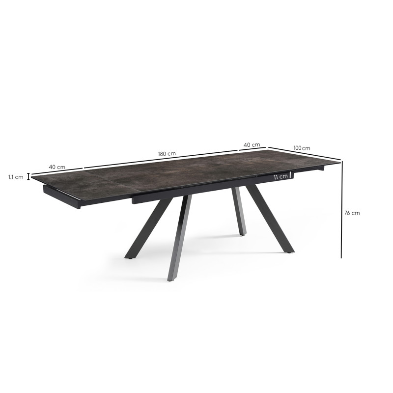 Table extensible 180 à 260 cm en céramique gris vieilli 4 pieds inclinés métal noir - MAINE 08
