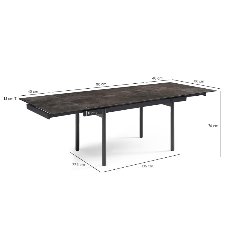Table extensible 180 à 260 cm en céramique gris vieilli 4 pieds droits métal noir - MAINE 09