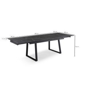 Table extensible 180 à 260 cm en céramique noir marbré mat et pieds luge - INDIANA 02