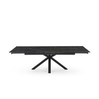 Table extensible 180 à 260 cm en céramique noir marbré mat et pied épais croix  - INDIANA 04