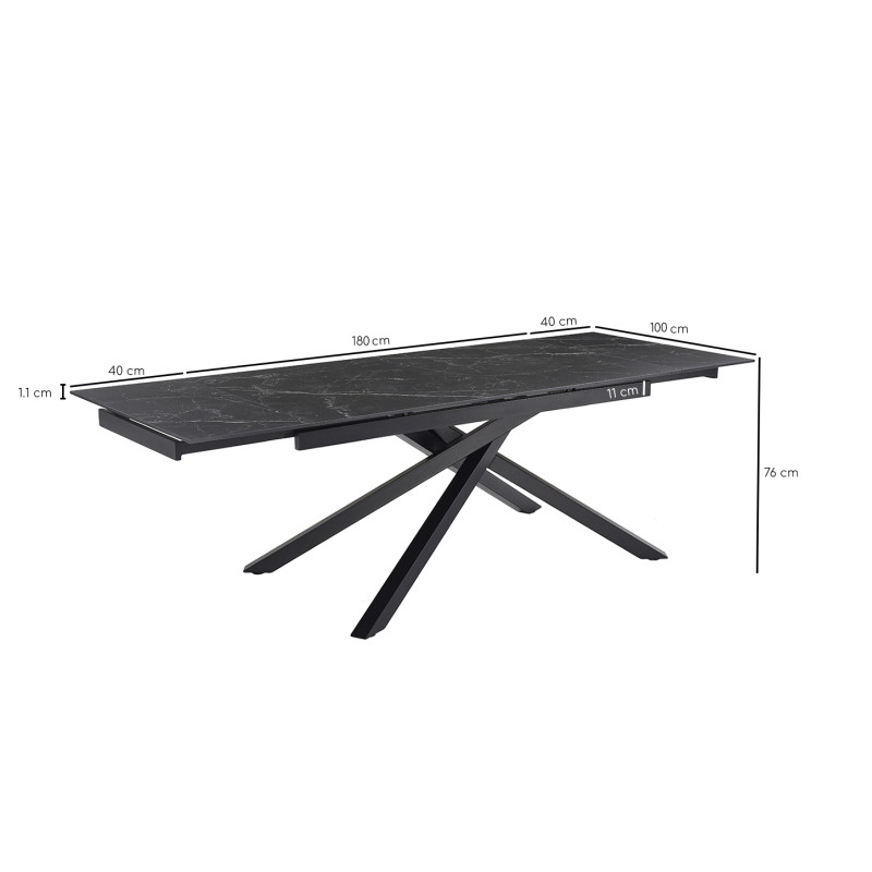Table extensible 180 à 260 cm en céramique noir marbré mat et pied torsadé - INDIANA 05