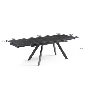 Table extensible 180 à 260 cm en céramique noir marbré mat et 4 pieds inclinés - INDIANA 08