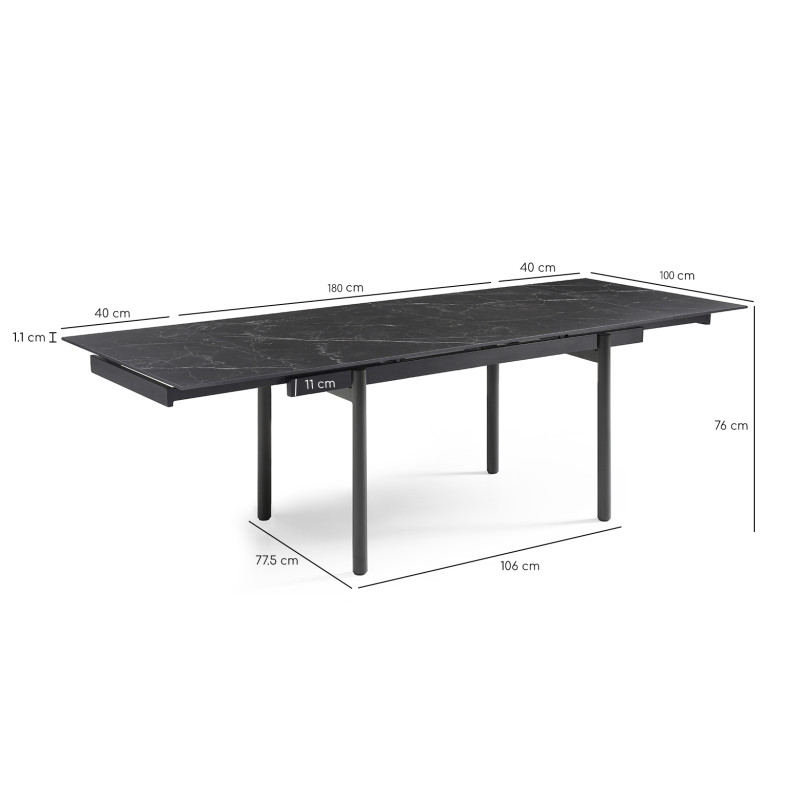 Table extensible 180 à 260 cm en céramique noir marbré mat et 4 pieds droits - INDIANA 09