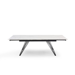 Table extensible 180 à 260 cm en céramique blanc marbré mat et pieds filaires inclinés - NEVADA 01