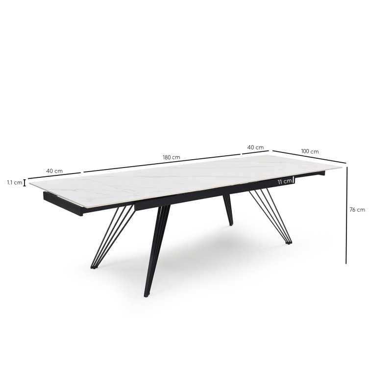 Table extensible 180 à 260 cm en céramique blanc marbré mat et pieds filaires inclinés - NEVADA 01