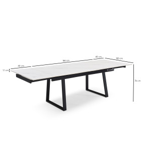 Table extensible 180 à 260 cm en céramique blanc marbré mat et pieds luge - NEVADA 02