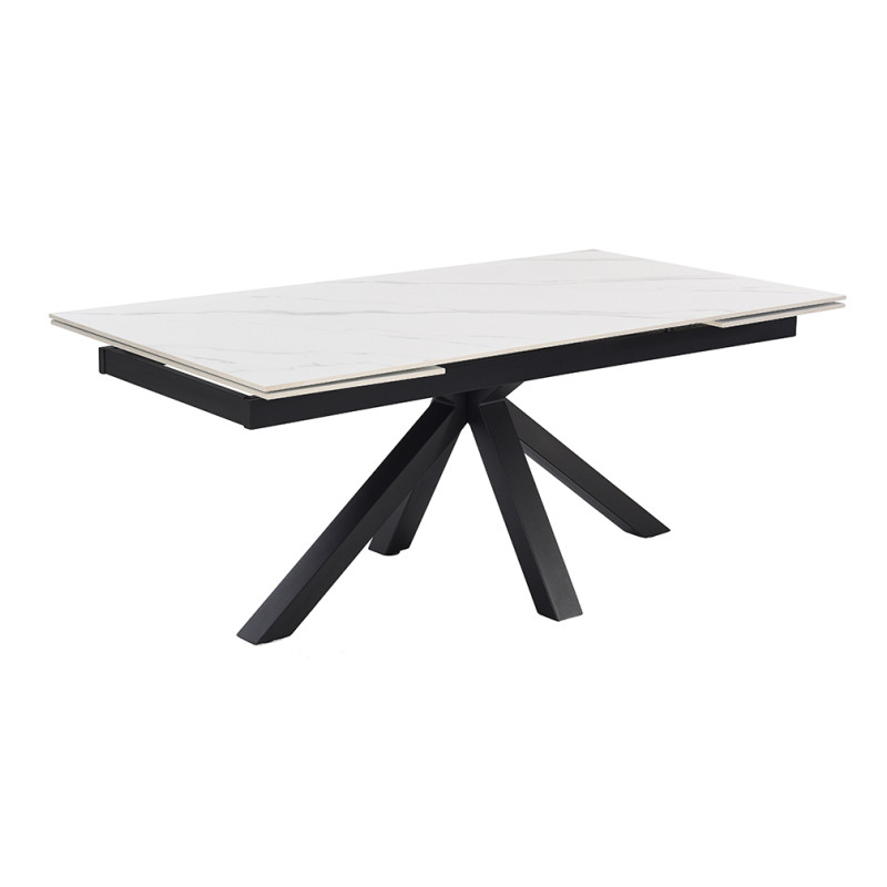 Table extensible 180 à 260 cm en céramique blanc marbré mat et pied épais croix - NEVADA 04