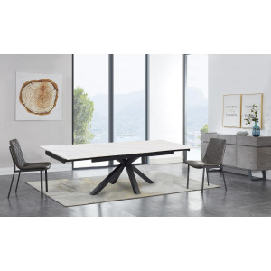 Table extensible 180 à 260 cm en céramique blanc marbré mat et pied épais croix - NEVADA 04