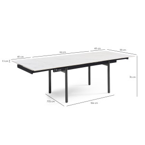 Table extensible 180 à 260 cm en céramique blanc marbré mat et 4 pieds droits - NEVADA 09