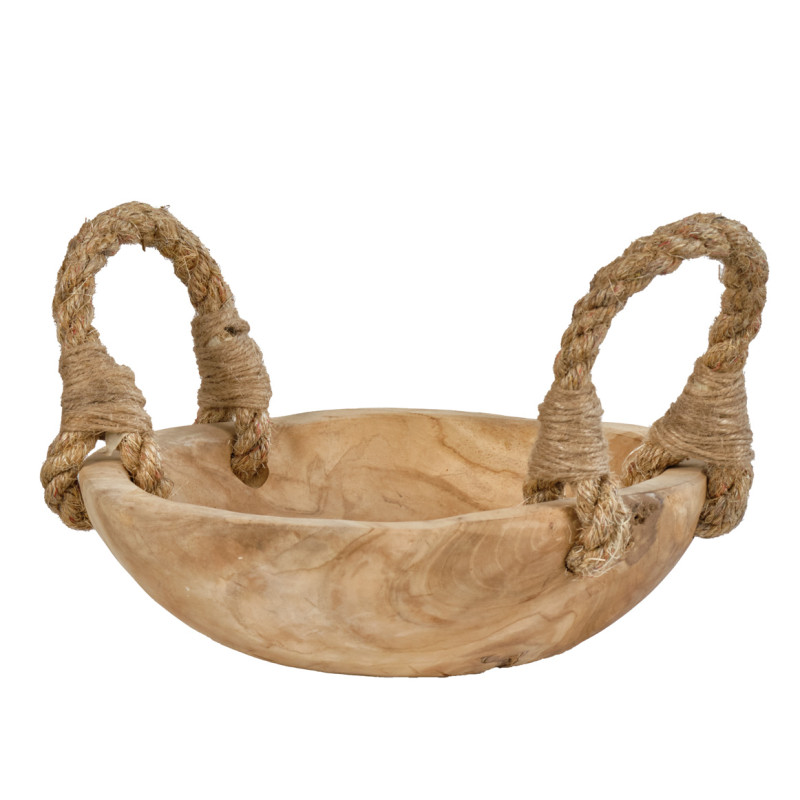 Petit bol D. 27 cm en bois de teck anses en jute - artisanal - ALAMO 01