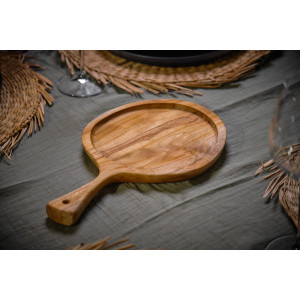 Planche à découper / à pain ronde et creuse D.18 cm en bois de teck avec manche – EKIA