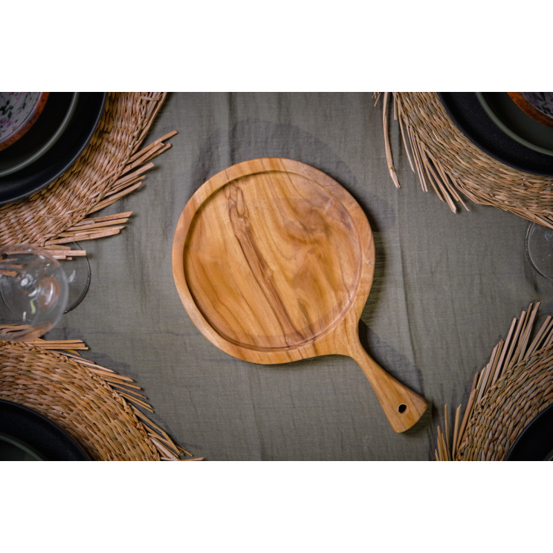 Planche à découper / à pain ronde et creuse D.18 cm en bois de teck avec manche – EKIA