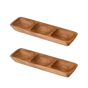 Lot de 2 plateaux 29 cm 3 compartiments pour apéro en bois de teck - DAMIANO