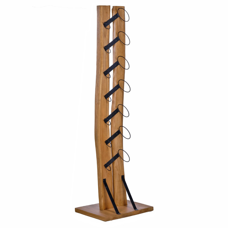 Porte Bouteille H. 146 cm en Bois de Teck Massif et Métal Noir avec 7 Espaces - VINO