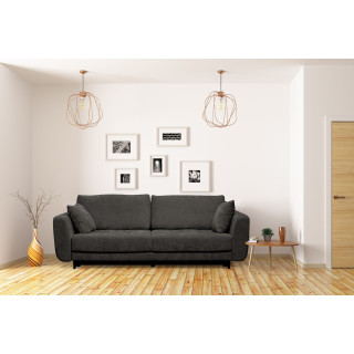 Canapé 3 Places Convertible Tissu Doux Gris Pieds Métal Noir  2 Coussins - MINDY