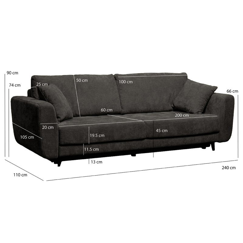 Canapé 3 Places Convertible Tissu Doux Gris Pieds Métal Noir  2 Coussins - MINDY