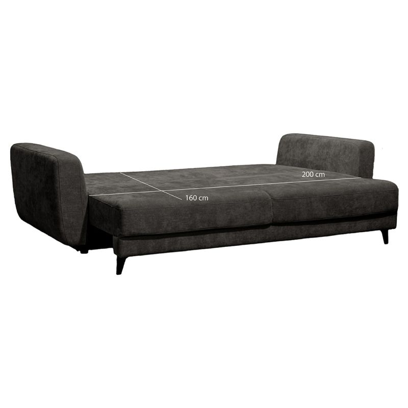 Canapé 3 Places Convertible Tissu Doux Gris Pieds Métal Noir  2 Coussins - MINDY