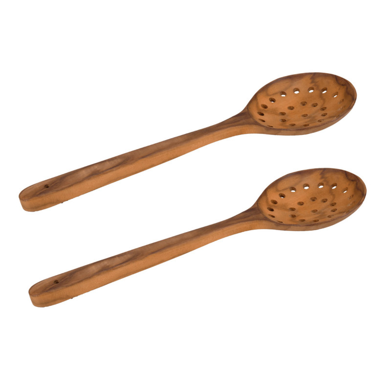 Lot de 2 écumoires cuillères passoire rondes en bois de teck – ustensile de cuisine – KARA