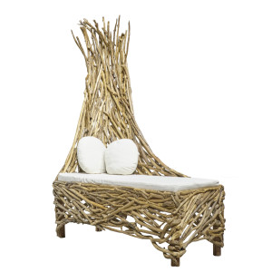 Banquette chaise longue fauteuil de jardin en bois flotté avec coussins blancs - MAURICE