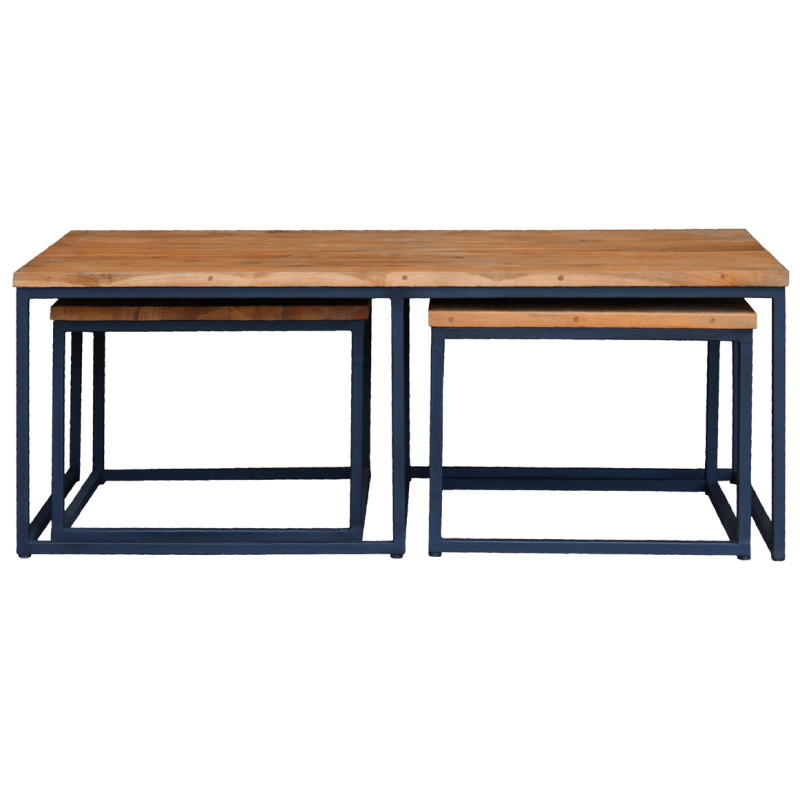 Set de 3 Tables Basses Gigognes carrées et rectangles en bois de teck recyclé et métal noir mat - FIRENZE