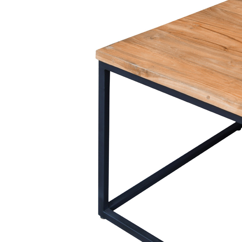 Set de 3 Tables Basses Gigognes carrées et rectangles en bois de teck recyclé et métal noir mat - FIRENZE