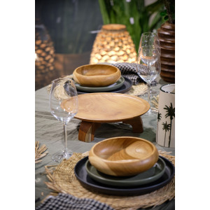 Plateau de présentation et service à gateaux rond en bois de teck sur pieds D.30 cm - KESTIS