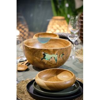 Saladier rond D. 28 cm en bois de teck et résine bleue transparente décoration cuisine - ROGUE