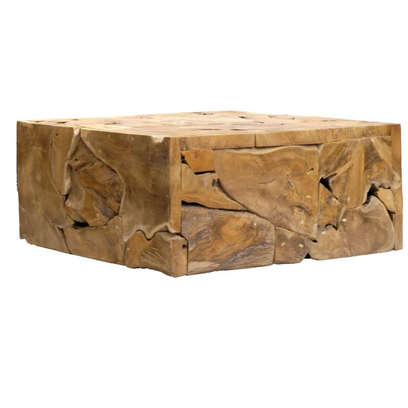 Table basse carrée L.100 cm bois de teckplateau verre trempé - TEKKU