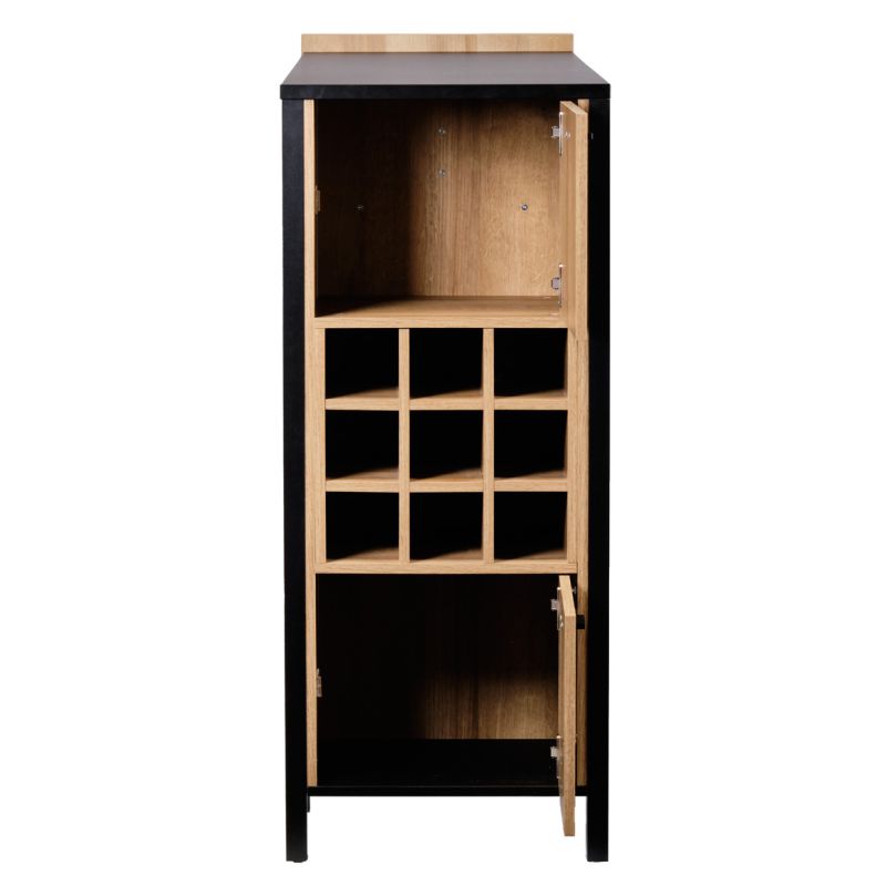 Bar avec 9 casiers à bouteilles décor noir et effet chêne - MODE