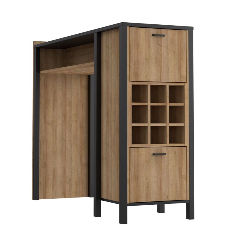 Bar avec 9 casiers à bouteilles décor noir et effet chêne - MODE