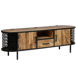 Meuble TV 120 cm 2 portes 1 tiroir 1 niche en bois de manguier massif et métal noir ajouré – MANHO