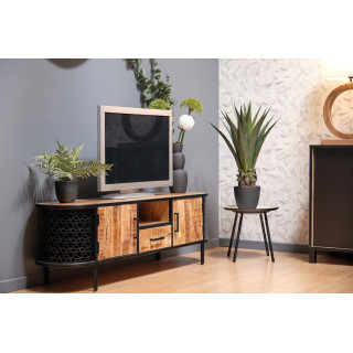 Meuble TV 120 cm 2 portes 1 tiroir 1 niche en bois de manguier massif et métal noir ajouré – MANHO