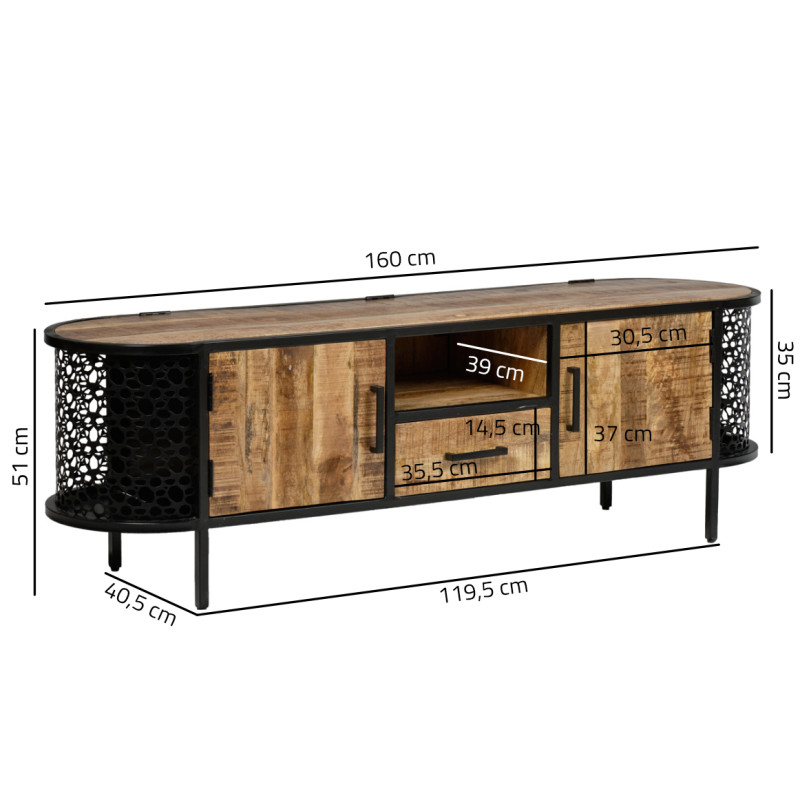 Meuble TV 120 cm 2 portes 1 tiroir 1 niche en bois de manguier massif et métal noir ajouré – MANHO