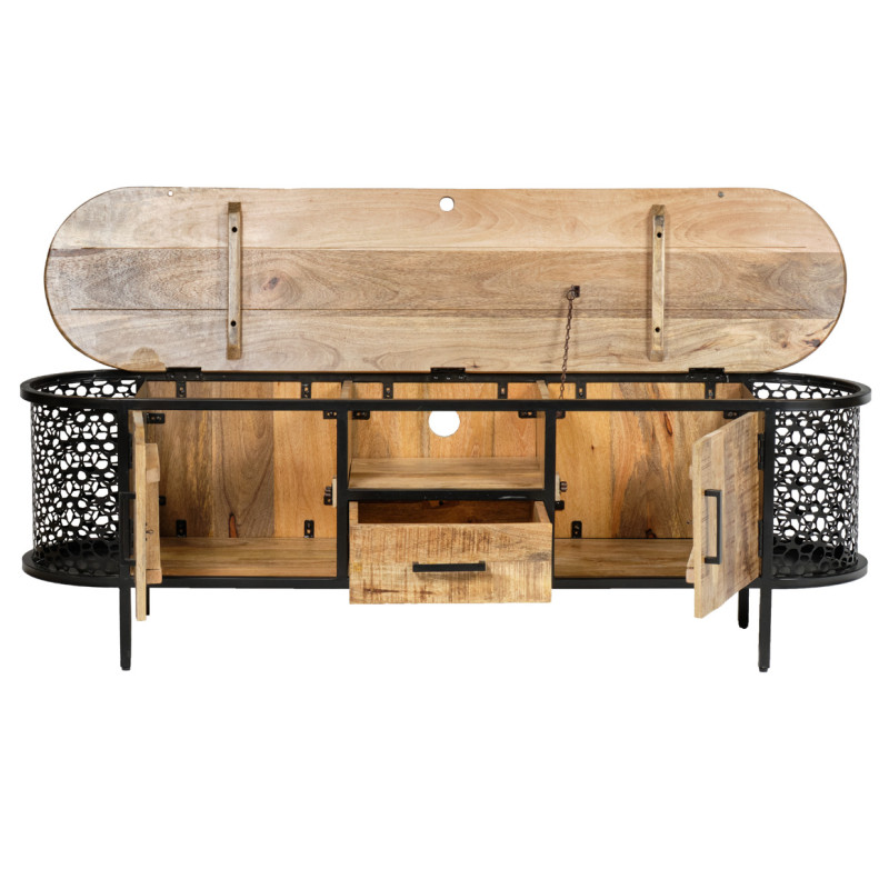 Meuble TV 120 cm 2 portes 1 tiroir 1 niche en bois de manguier massif et métal noir ajouré – MANHO